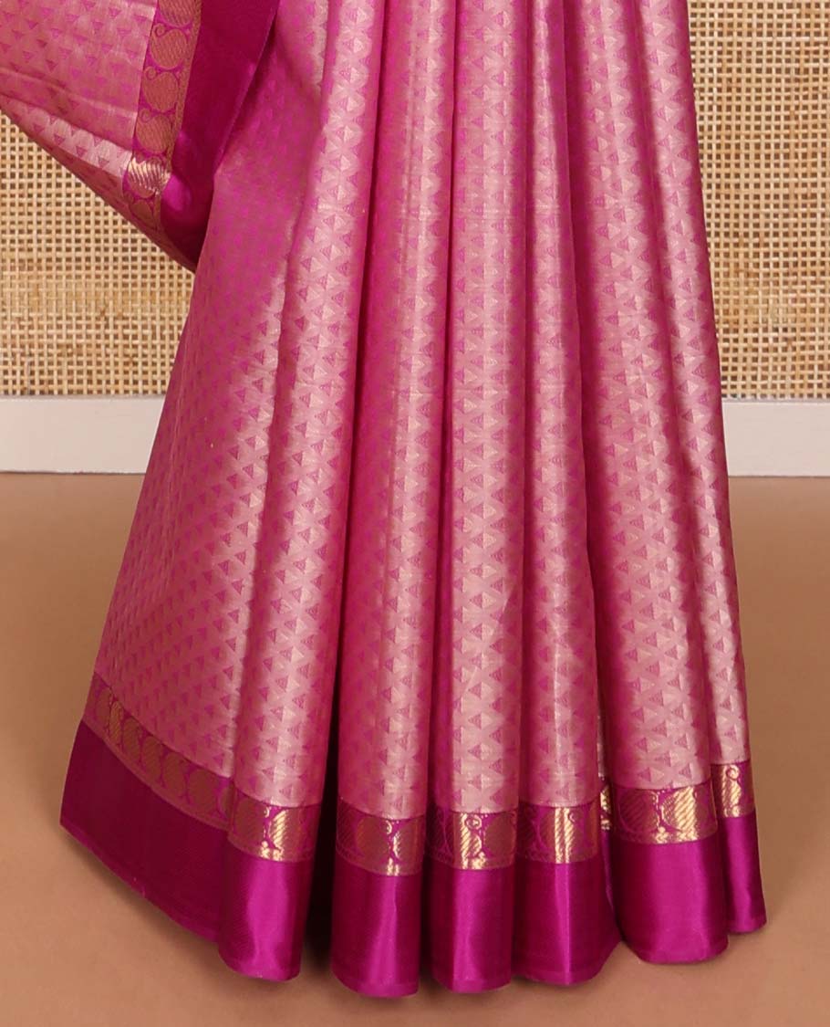 Light pink geometric design silk saree with contrast border of manga, kathir design & zari design pallu