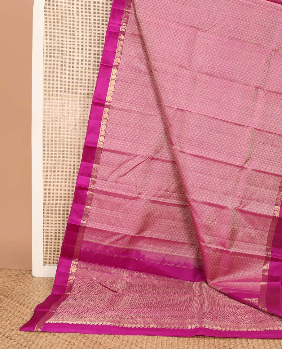 Light pink geometric design silk saree with contrast border of manga, kathir design & zari design pallu