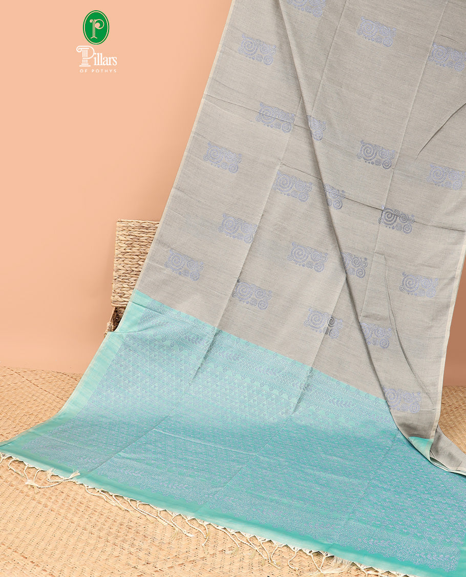 Grey antique thread design soft silk saree gold thread border