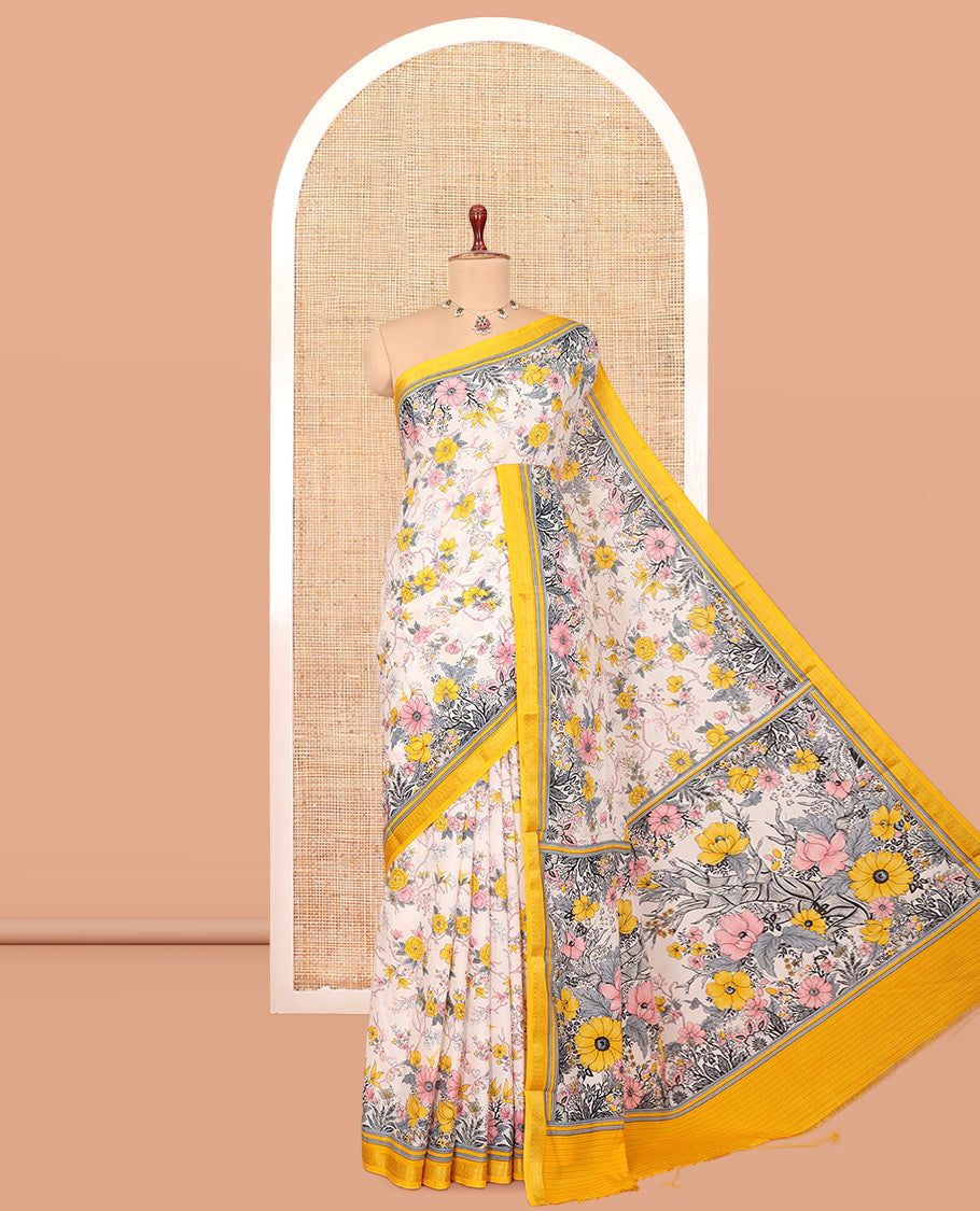 Off-White Printed Silk Saree, Elevated with Floral Vine Print, a Contrast Traditional Zari Border, Striped Pallu, and a Contrast Blouse
