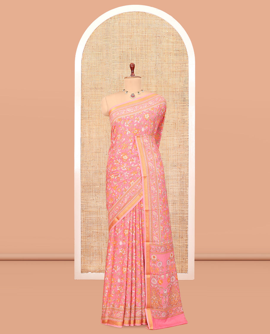 Pink Printed Silk Saree Featuring Floral Vine Print, a Floral Printed Zari Border, Floral Printed Pallu, and a Contrast Blouse