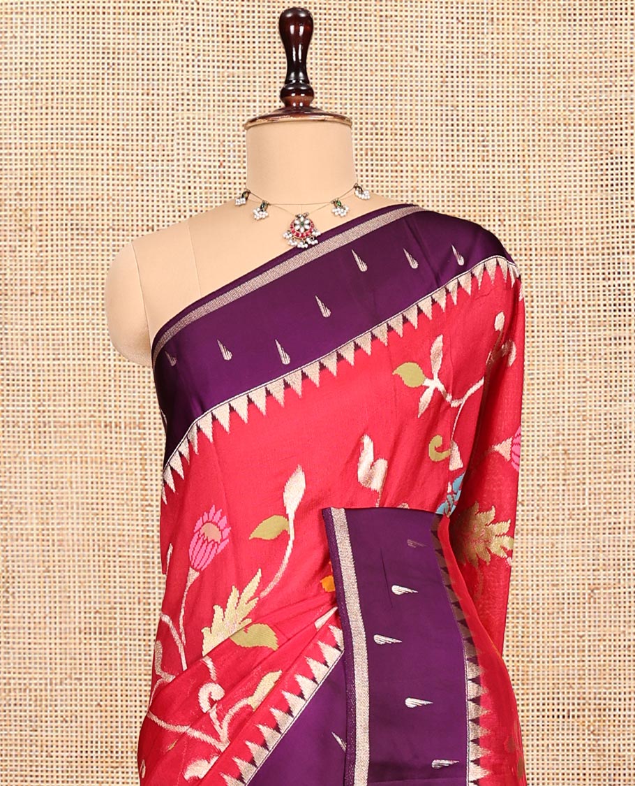 Red Matka Silk Saree, Gracefully Embellished with Meenakari Floral Vine Design All Over Its Body, Complemented by Contrast Temple Border of Buttas, Pallu of Floral Designs, and Paired with Contrast Blouse