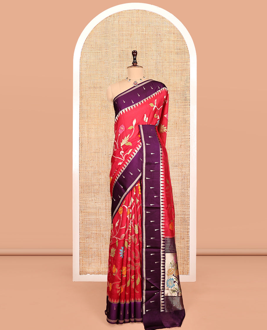 Red Matka Silk Saree, Gracefully Embellished with Meenakari Floral Vine Design All Over Its Body, Complemented by Contrast Temple Border of Buttas, Pallu of Floral Designs, and Paired with Contrast Blouse