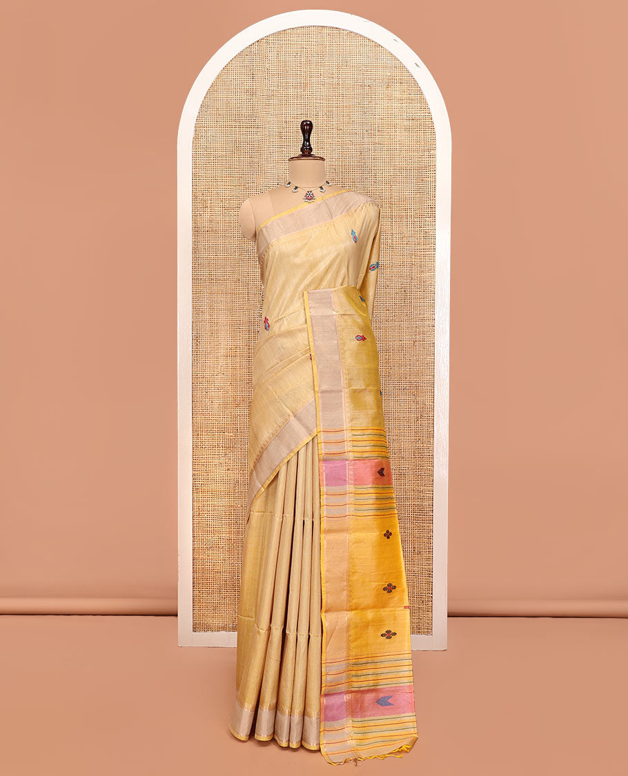 Yellow Tussar Silk Saree, Delicately Woven with Thread Buttas, a Subtle Temple Border, Pallu of Thread Designs, and a Contrast Blouse