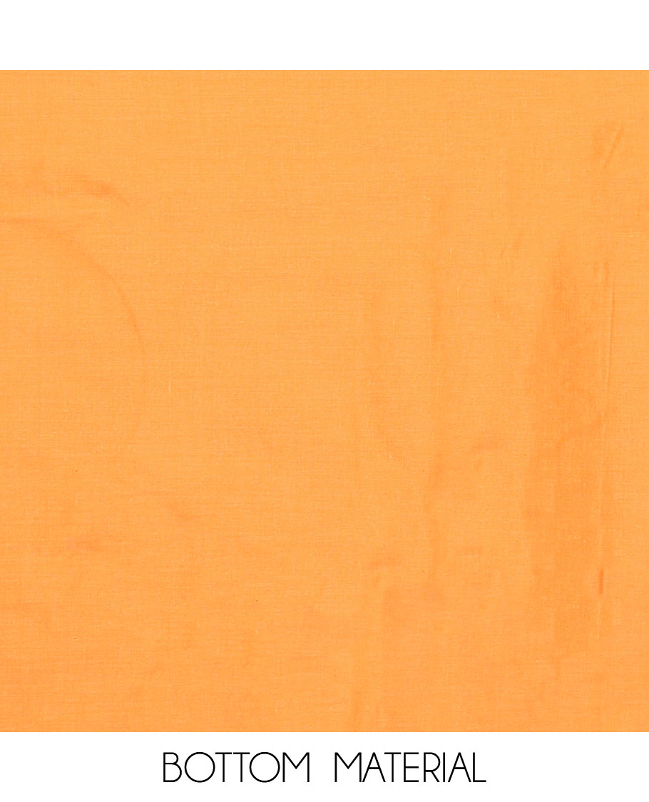 Orange material chudidar set, floral print and neck embroidered top, plain bottom, and floral jaal embroidered dupatta