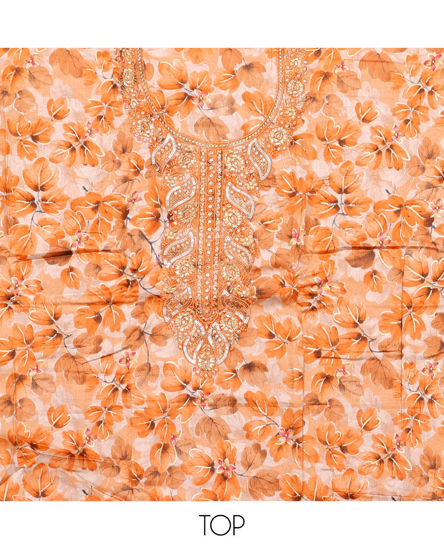 Orange material chudidar set, floral print and neck embroidered top, plain bottom, and floral jaal embroidered dupatta