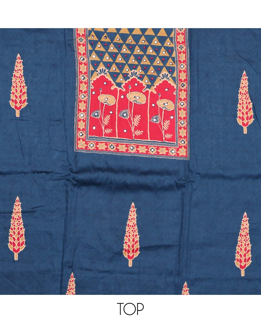 Blue material chudidar set, Ajrakh print with mirror work neck embroidered top, plain bottom, and plain lace border dupatta