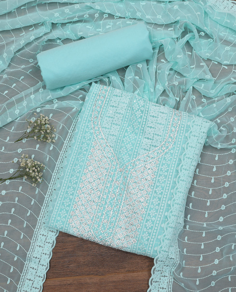 Blue Material Chudidar Set, Detailed with Chikankari-Style Embroidery and Neck Stone Work on Georgette Top, a Plain Santoon Bottom, and Paired with a Floral Vine Embroidery Georgette Dupatta