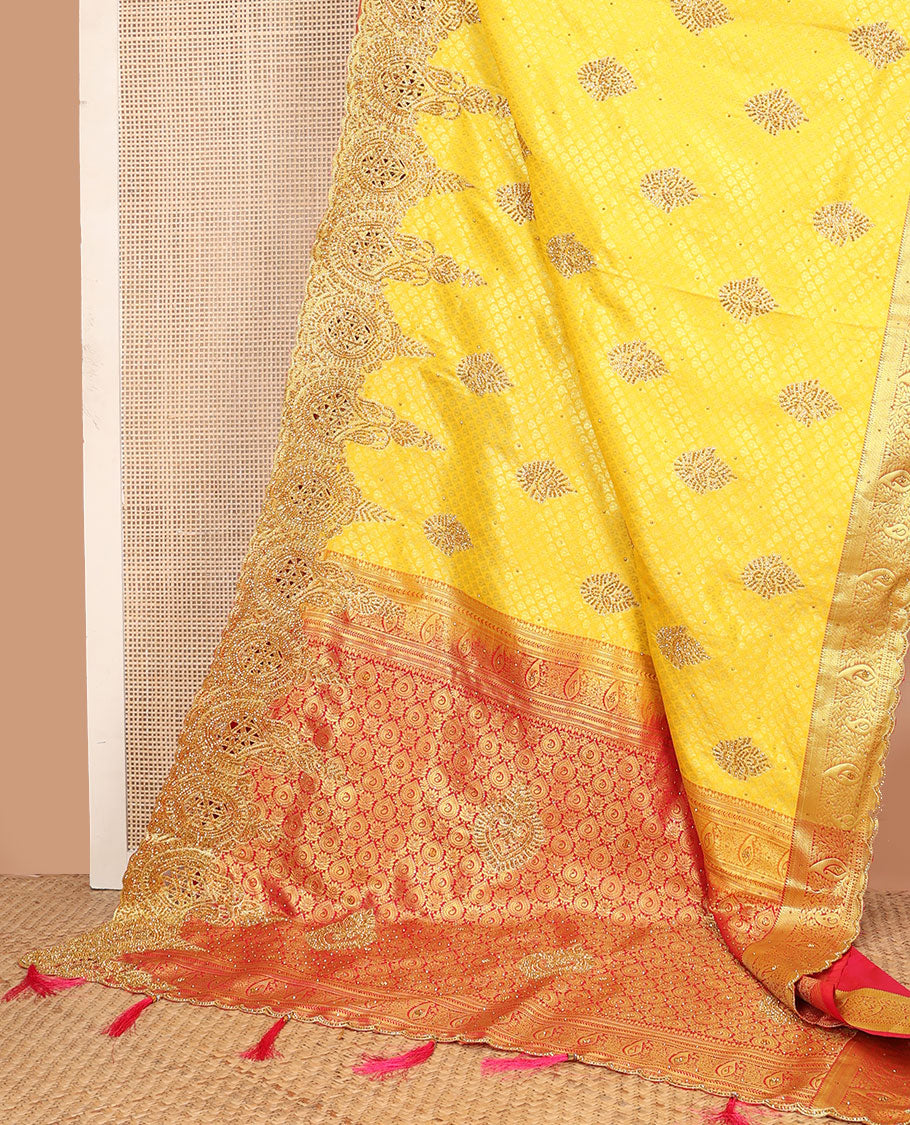Yellow jacquard embroidered silk saree, stone embroidered scallop zari design cut work border & contrast zari woven & stone embroidered pallu
