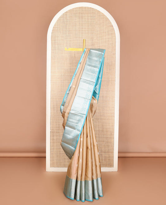 Sandal zari buttas Vasundhara silk mix saree, contrast border of jadai nagam, then kuli kann & kili motifs & rettai manga steeped pallu