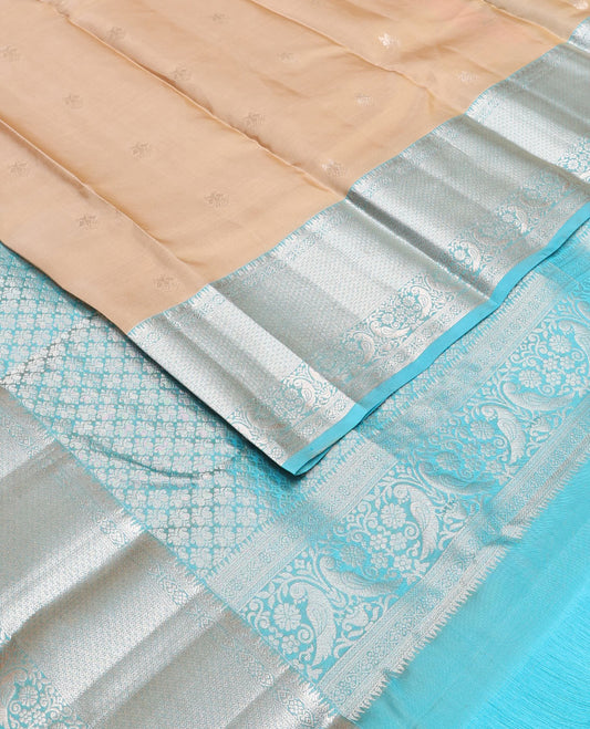Sandal zari buttas Vasundhara silk mix saree, contrast border of jadai nagam, then kuli kann & kili motifs & rettai manga steeped pallu