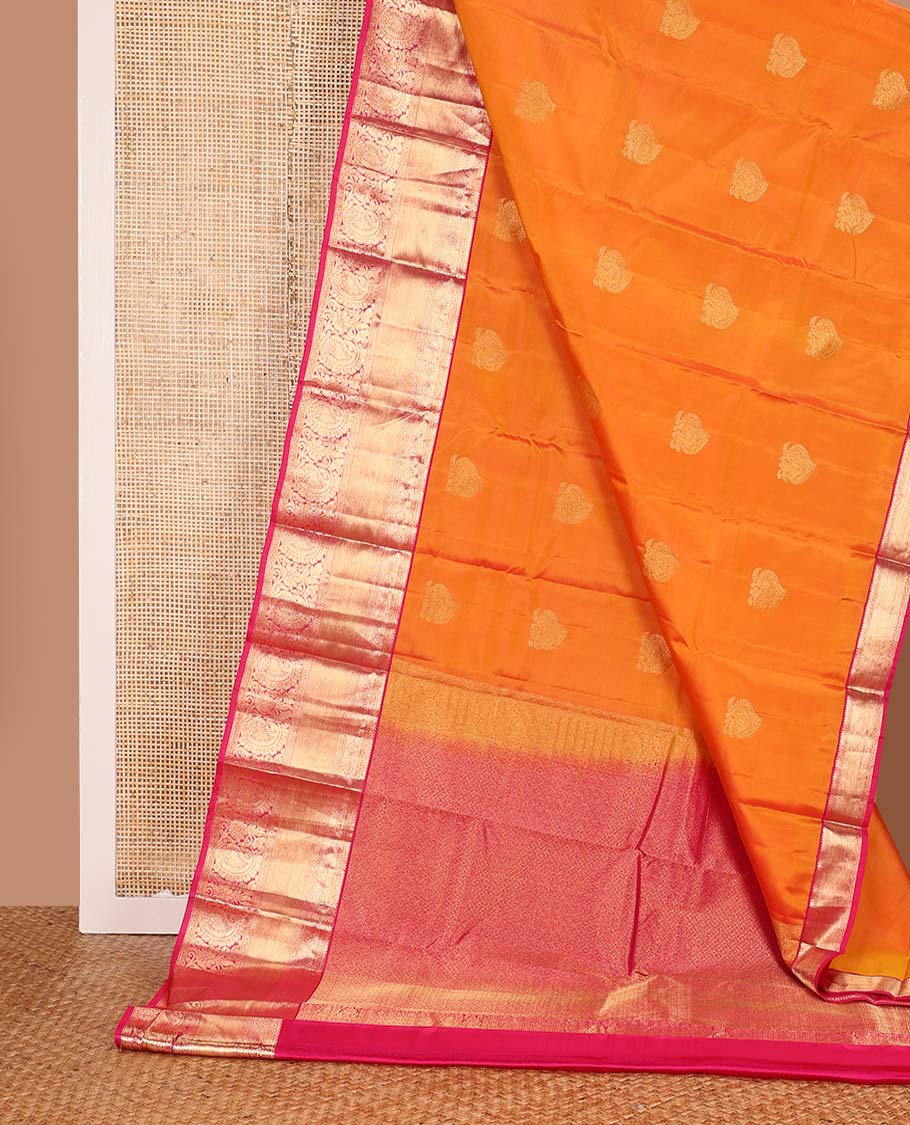 Orange zari buttas Vasundhara silk mix saree, contrast border of diamond and kodi floral paisley designs, and jaal pallu