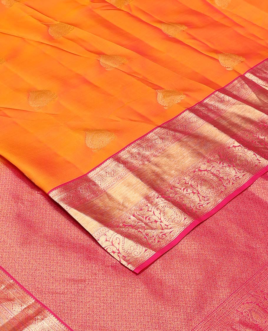 Orange zari buttas Vasundhara silk mix saree, contrast border of diamond and kodi floral paisley designs, and jaal pallu