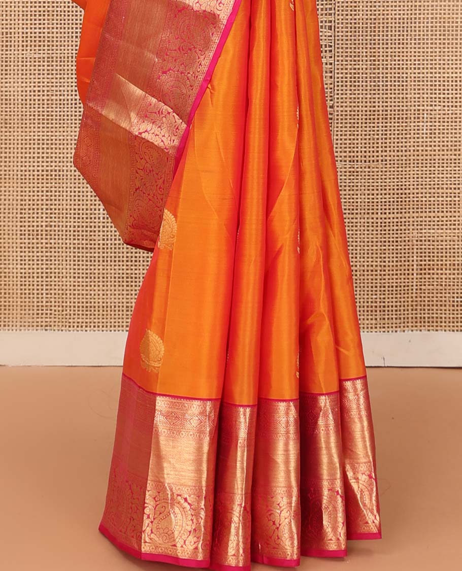 Orange zari buttas Vasundhara silk mix saree, contrast border of diamond and kodi floral paisley designs, and jaal pallu