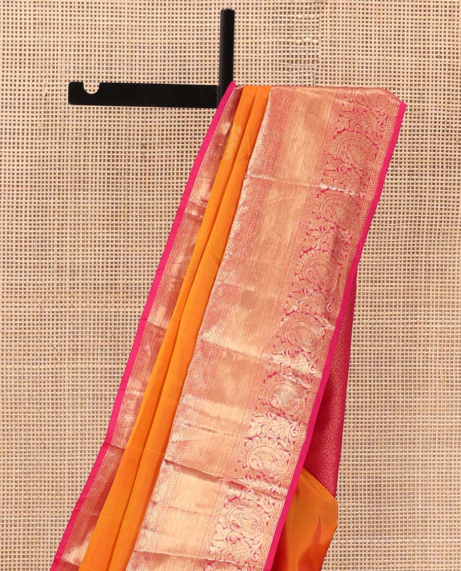 Orange zari buttas Vasundhara silk mix saree, contrast border of diamond and kodi floral paisley designs, and jaal pallu