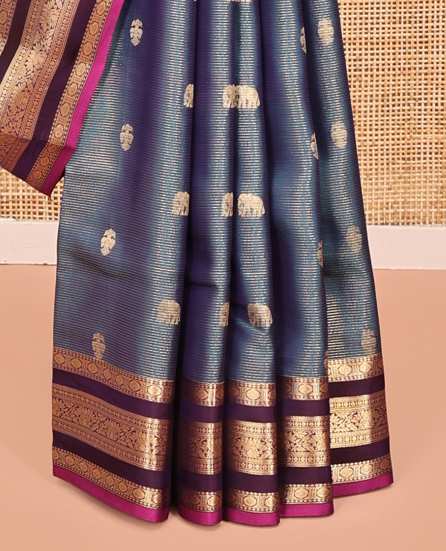 Blue Vasundhara Lite Silk Mix Saree, Subtly Enriched with Zari Stripes, Yaanai and Iruthalai Pakshi Buttas, Complemented by Contrast Border of Traditional Zari Designs, Grand Pallu, and Paired with a Contrast Blouse