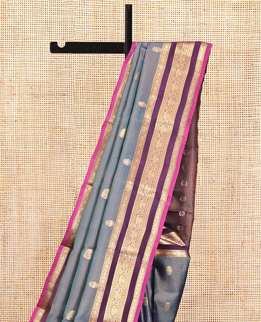 Blue Vasundhara Lite Silk Mix Saree, Subtly Enriched with Zari Stripes, Yaanai and Iruthalai Pakshi Buttas, Complemented by Contrast Border of Traditional Zari Designs, Grand Pallu, and Paired with a Contrast Blouse