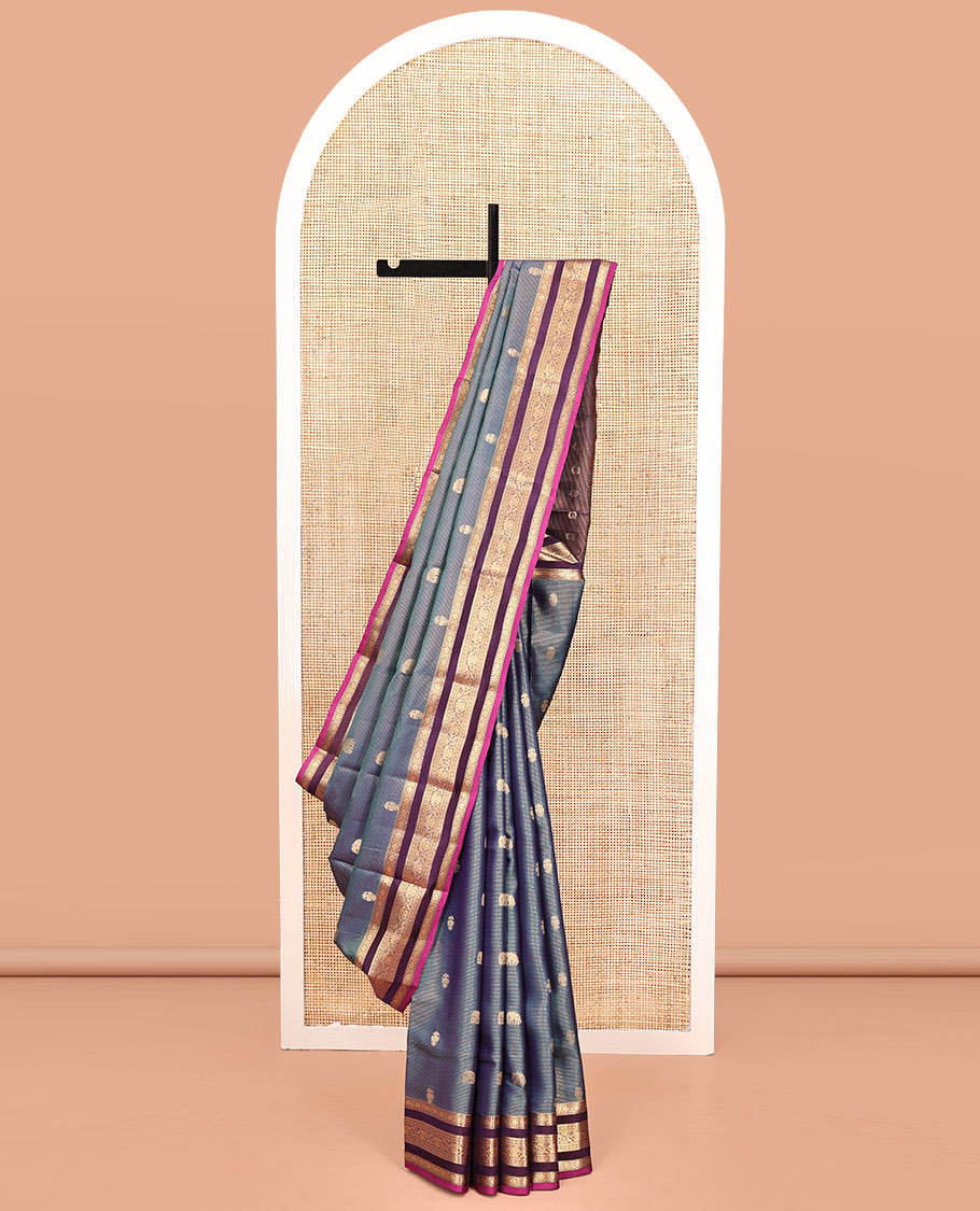 Blue Vasundhara Lite Silk Mix Saree, Subtly Enriched with Zari Stripes, Yaanai and Iruthalai Pakshi Buttas, Complemented by Contrast Border of Traditional Zari Designs, Grand Pallu, and Paired with a Contrast Blouse