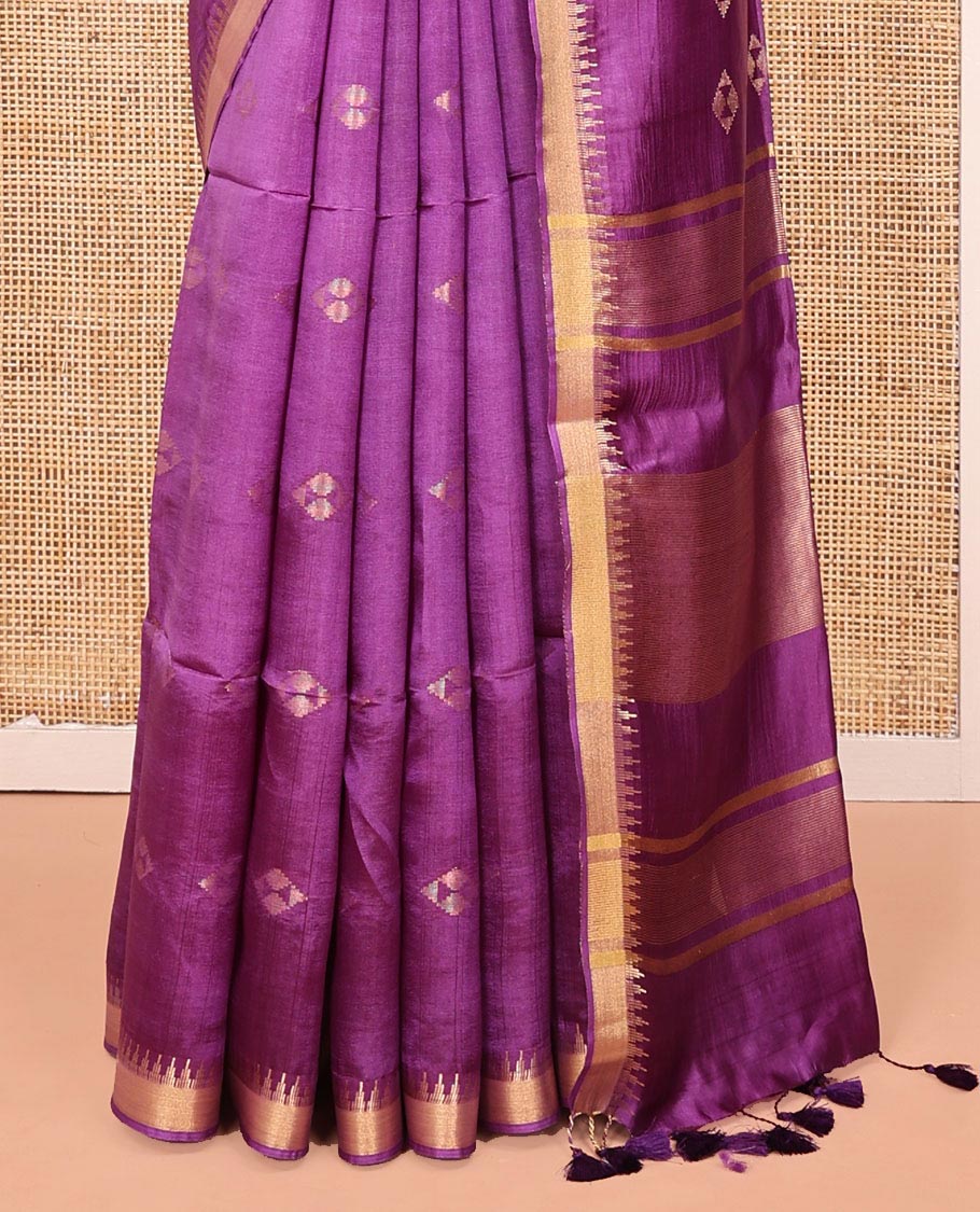 Purple Banana Pith Saree, Adorned with Zari Buttas All Over Its Body, Highlighted by Temple Zari Border, Subtly Striped Pallu, and Paired with a Matching Blouse