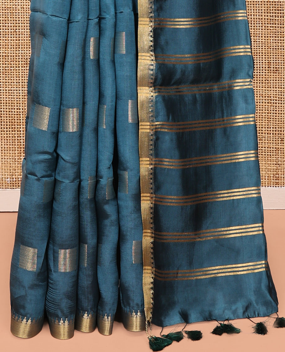Blue Banana Pith Saree, Woven with Square Buttas All Over Its Body, Highlighted by a Zari Temple Border, Gleaming Zari Striped Pallu, and Paired with a Matching Blouse
