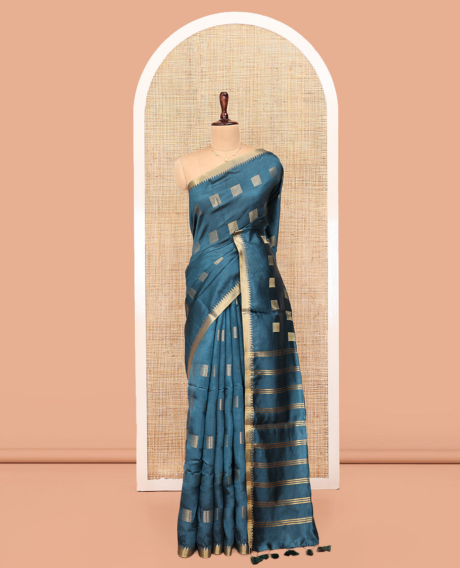 Blue Banana Pith Saree, Woven with Square Buttas All Over Its Body, Highlighted by a Zari Temple Border, Gleaming Zari Striped Pallu, and Paired with a Matching Blouse