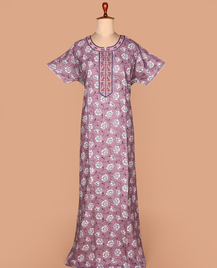 Pink floral vine printed with round neck floral embroidered half-sleeve cotton nighty