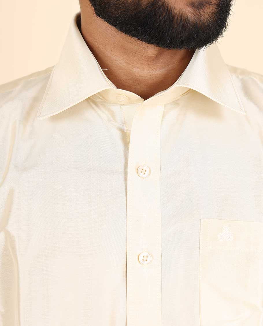 Butter cream plain design full-sleeve pure-silk shirt