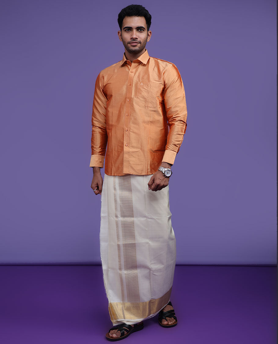Pumpkin orange plain design full-sleeve pure-silk shirt