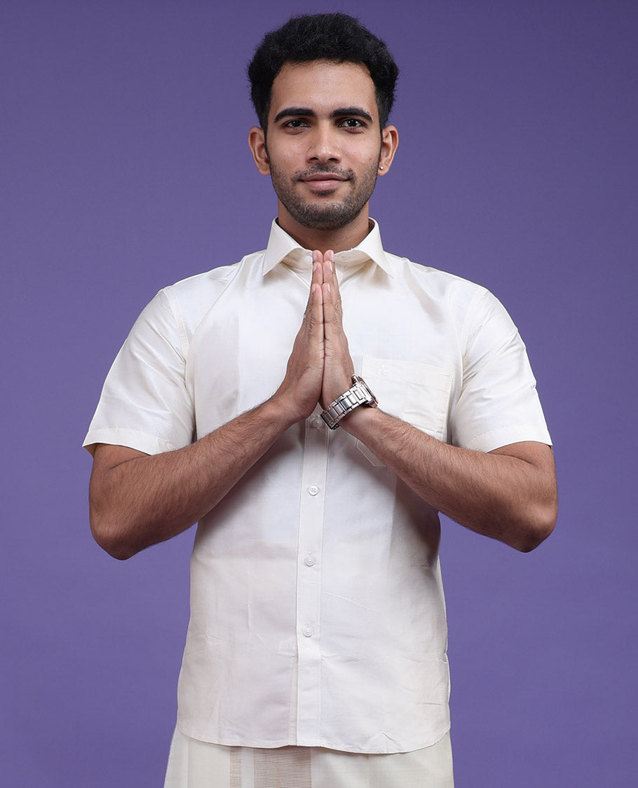 Cream plain design half-sleeve pure-silk shirt