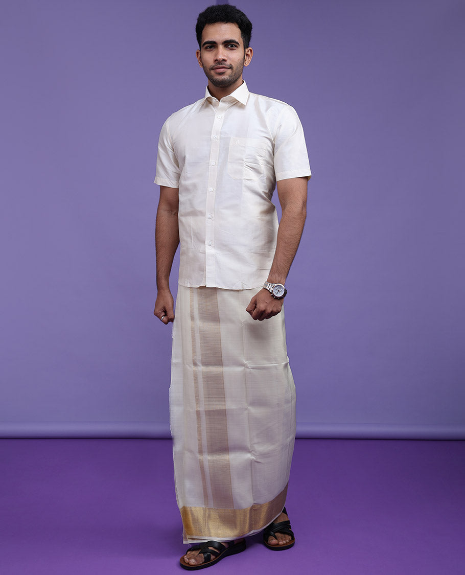 Cream plain design half-sleeve pure-silk shirt