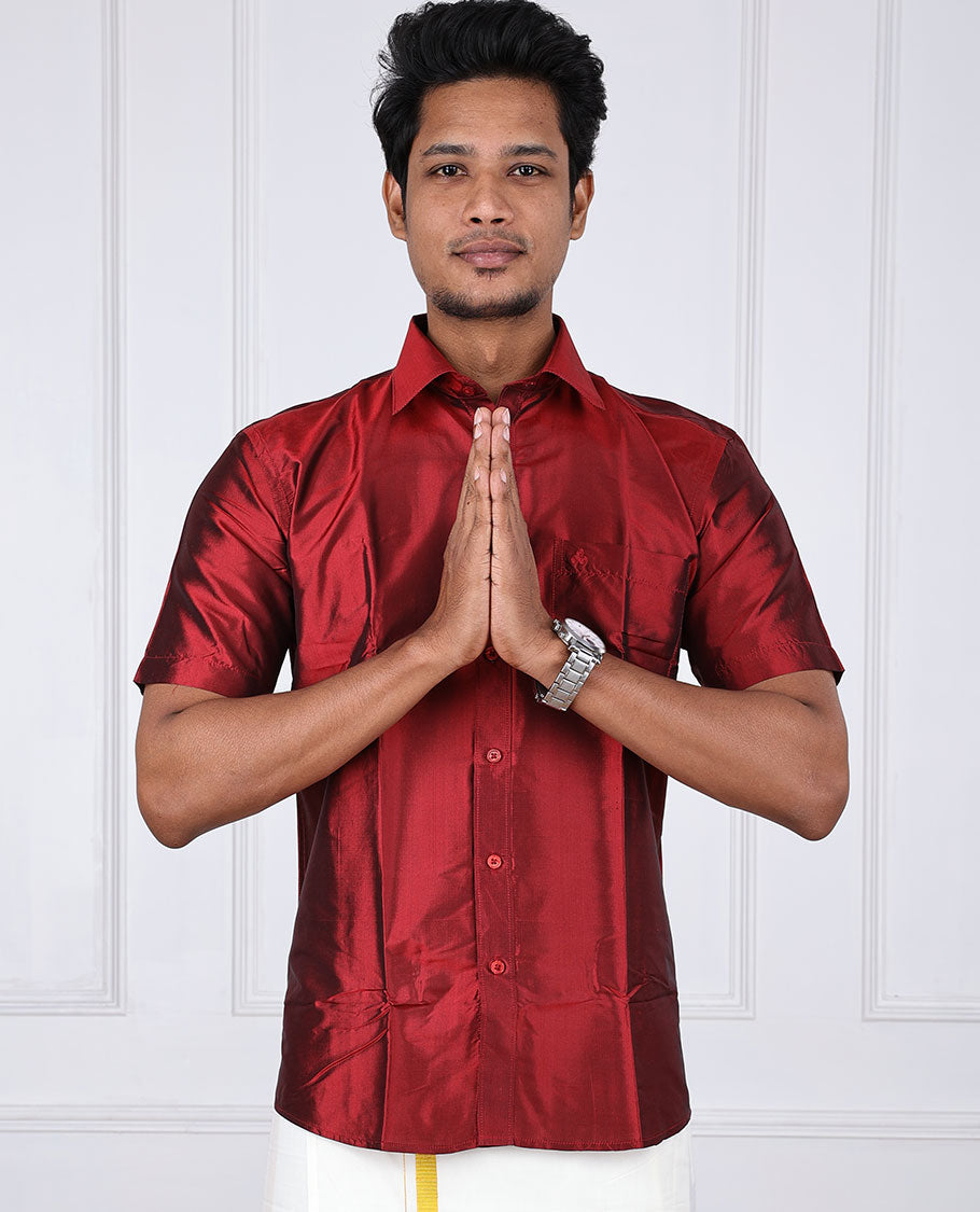 Red plain design half-sleeve pure-silk shirt