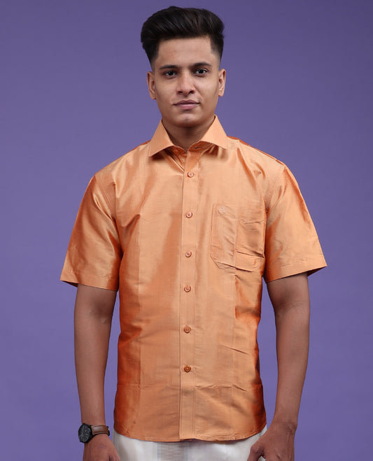 Marigold orange plain design half-sleeve pure-silk shirt