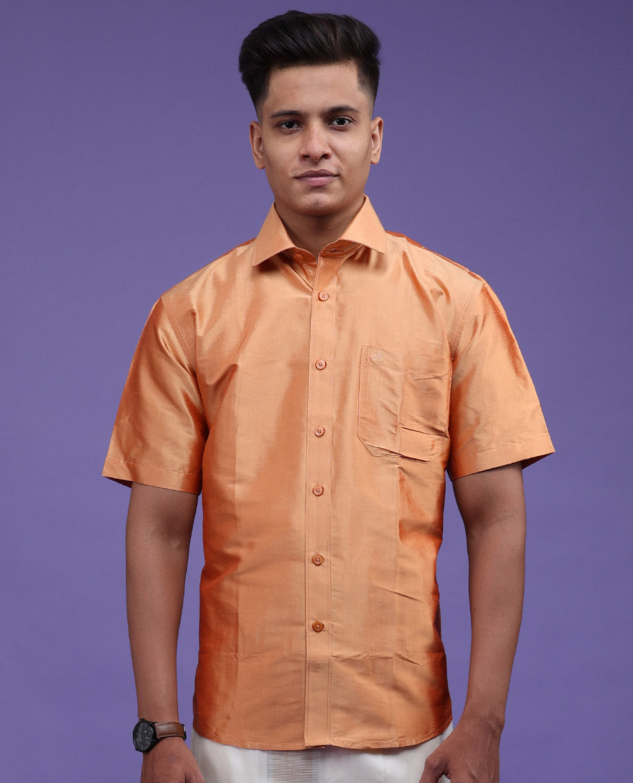 Marigold orange plain design half-sleeve pure-silk shirt