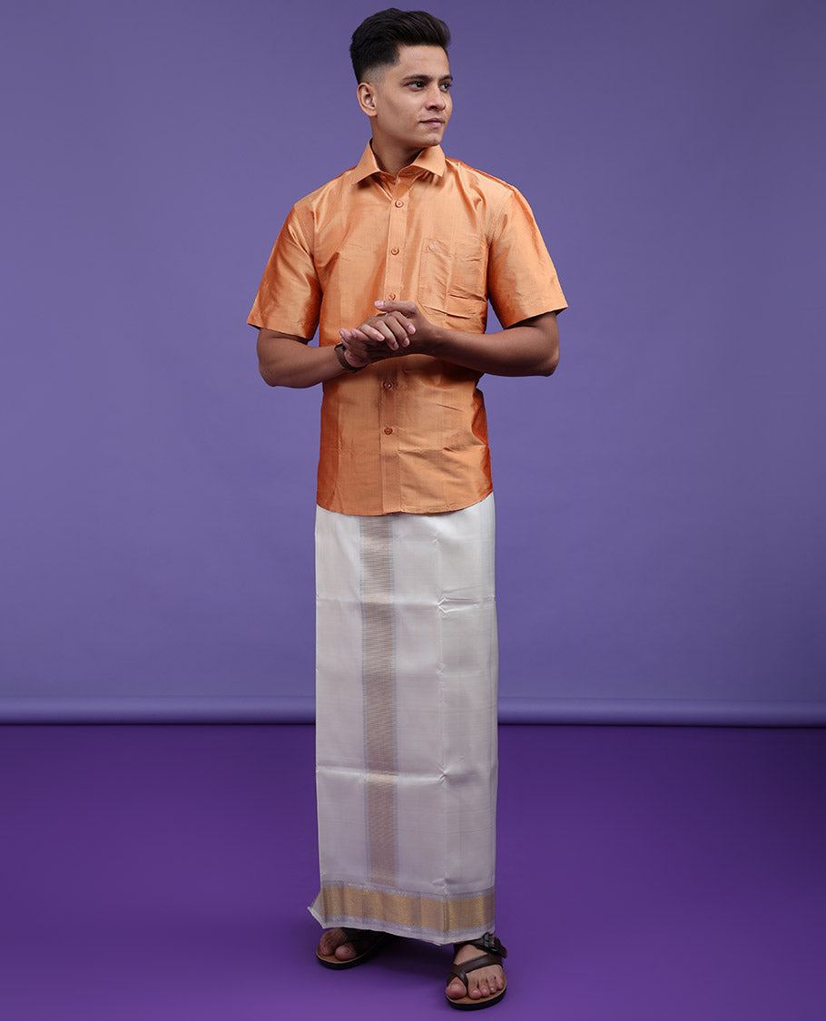 Marigold orange plain design half-sleeve pure-silk shirt