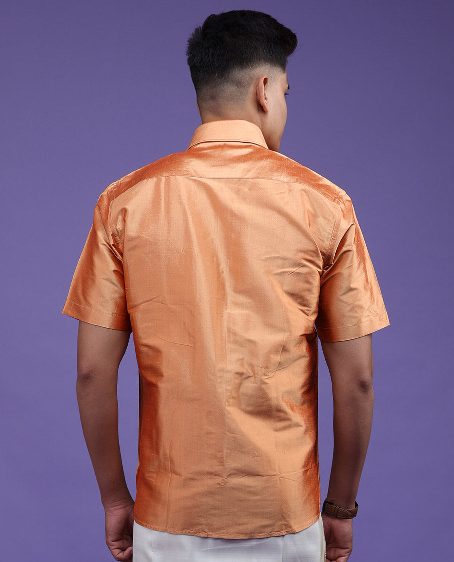 Marigold orange plain design half-sleeve pure-silk shirt