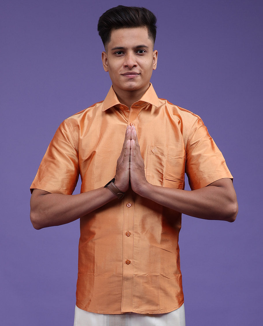 Marigold orange plain design half-sleeve pure-silk shirt