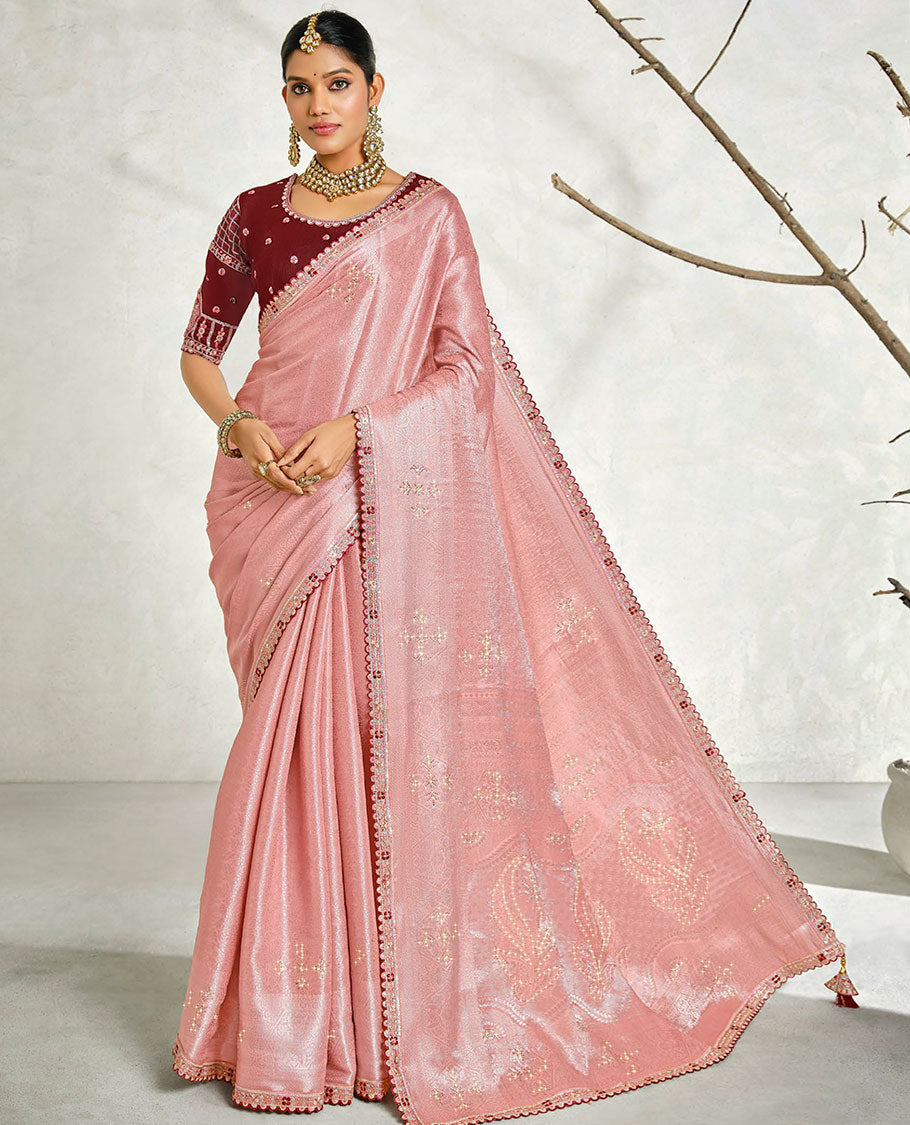 Pink embossed & stonework designer saree, traditional design & lace work scallop border & intricate stonework pallu
