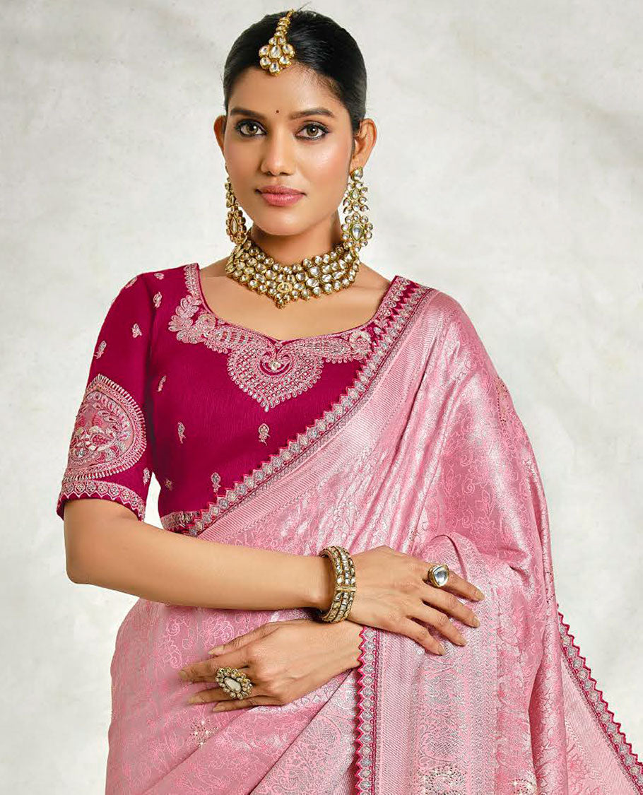 Pink floral embossed & stonework designer saree, traditional design & lace work scallop border & intricate stonework pallu