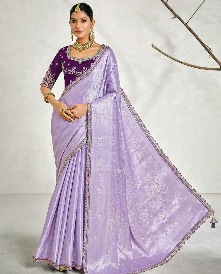 Lavender floral embossed & stonework designer saree, traditional design & lace work scallop border & intricate stonework pallu
