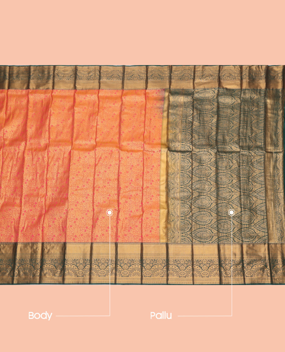Orange Budget Silk Saree, Gracefully Embellished with Jacquard Design, Complemented by a Contrast Traditional Zari Border, Grand Pallu, and a Contrast Blouse