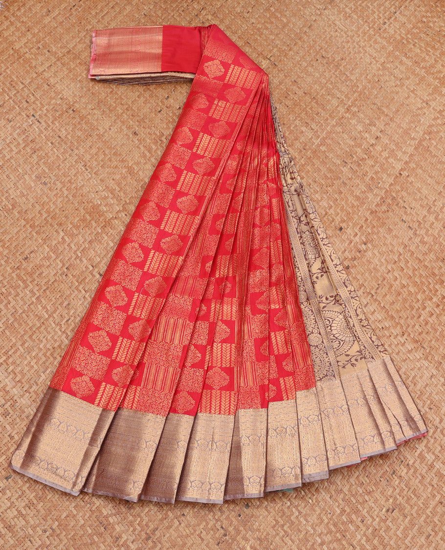 Red Budget Silk Saree, Majestically Detailed with Jacquard Design, Complemented by a Contrast Traditional Zari Border, Grand Pallu, and a Contrast Blouse