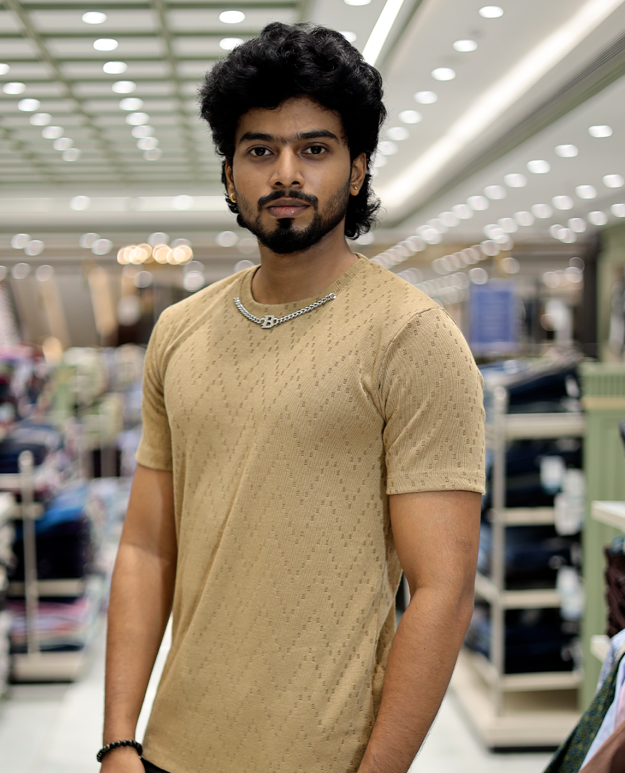 Beige Chevron Cotton-Blended T-Shirt