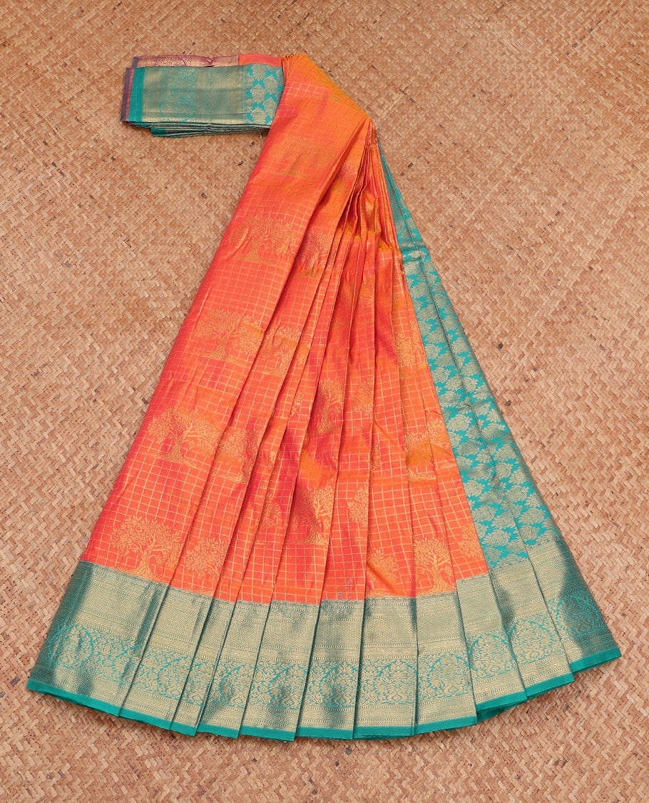 Orange Budget Silk Saree, Elevated with Zari Buttas and Checks, Complemented by a Contrast Traditional Zari Border, Grand Pallu, and a Contrast Blouse