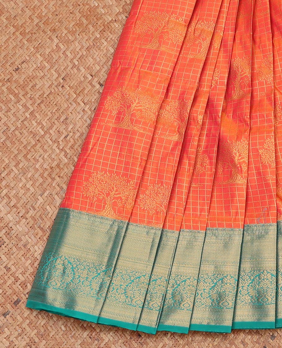 Orange Budget Silk Saree, Elevated with Zari Buttas and Checks, Complemented by a Contrast Traditional Zari Border, Grand Pallu, and a Contrast Blouse