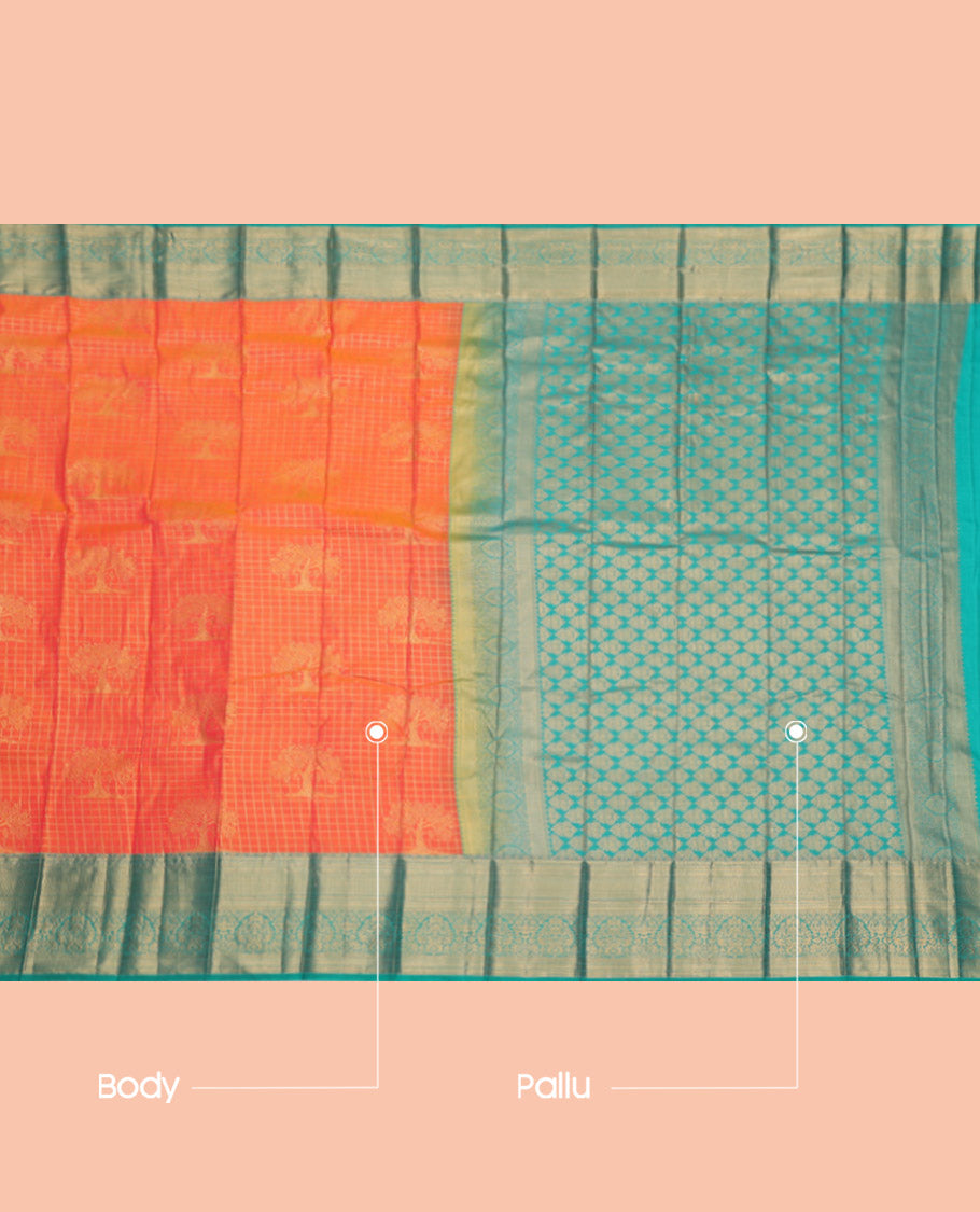 Orange Budget Silk Saree, Elevated with Zari Buttas and Checks, Complemented by a Contrast Traditional Zari Border, Grand Pallu, and a Contrast Blouse