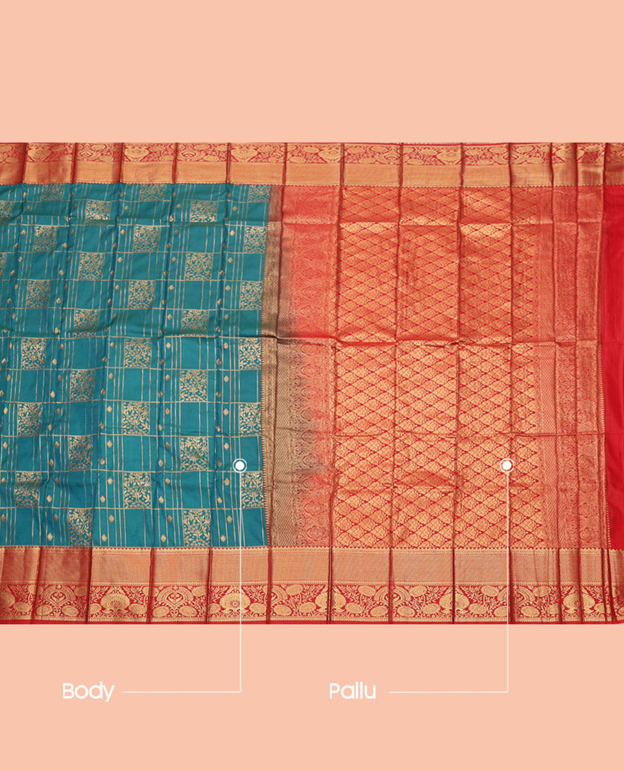 Green Budget Silk Saree, Detailed with Zari Designs, Complemented by a Contrast Traditional Zari Border, Jaal Pallu, and a Contrast Blouse