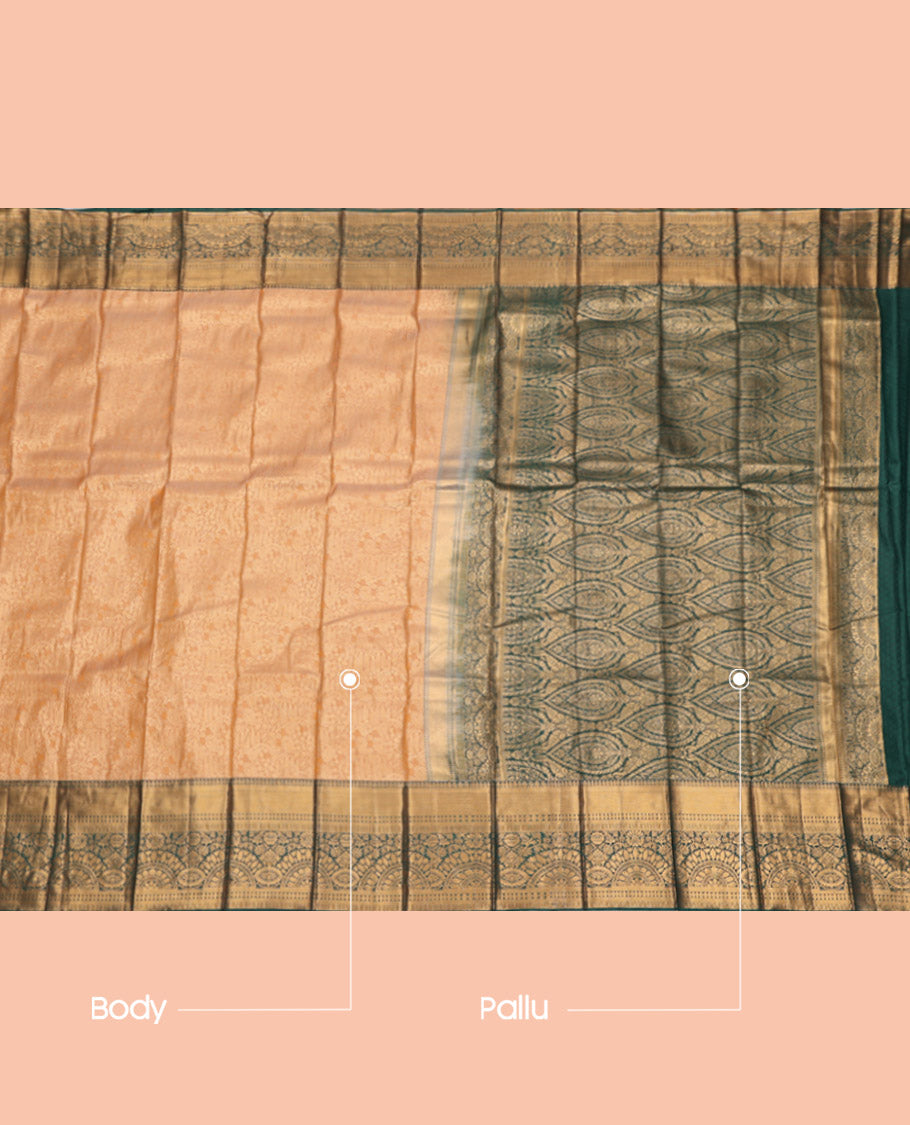 Gold Budget Silk Saree, Highlighted with Jacquard Design, Complemented by a Contrast Traditional Zari Border, Grand Pallu, and a Contrast Blouse