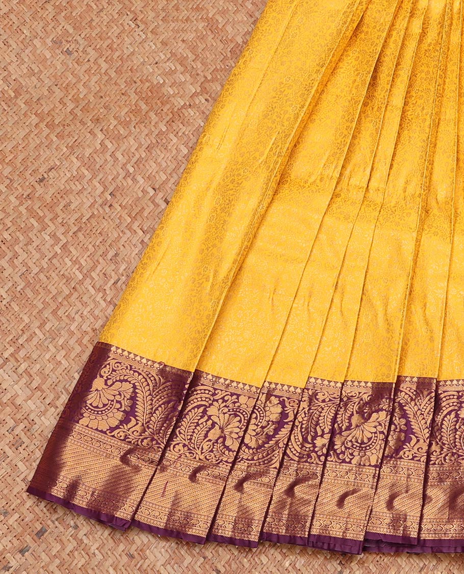 Yellow Budget Silk Saree, Sparsely Threaded with Jacquard Design, Complemented by a Contrast Traditional Zari Border, Grand Pallu, and a Contrast Blouse
