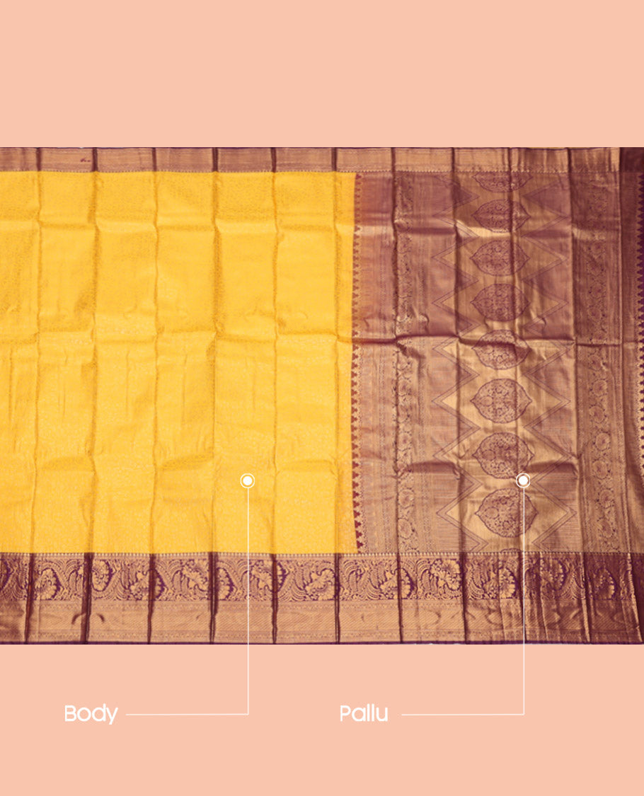 Yellow Budget Silk Saree, Sparsely Threaded with Jacquard Design, Complemented by a Contrast Traditional Zari Border, Grand Pallu, and a Contrast Blouse