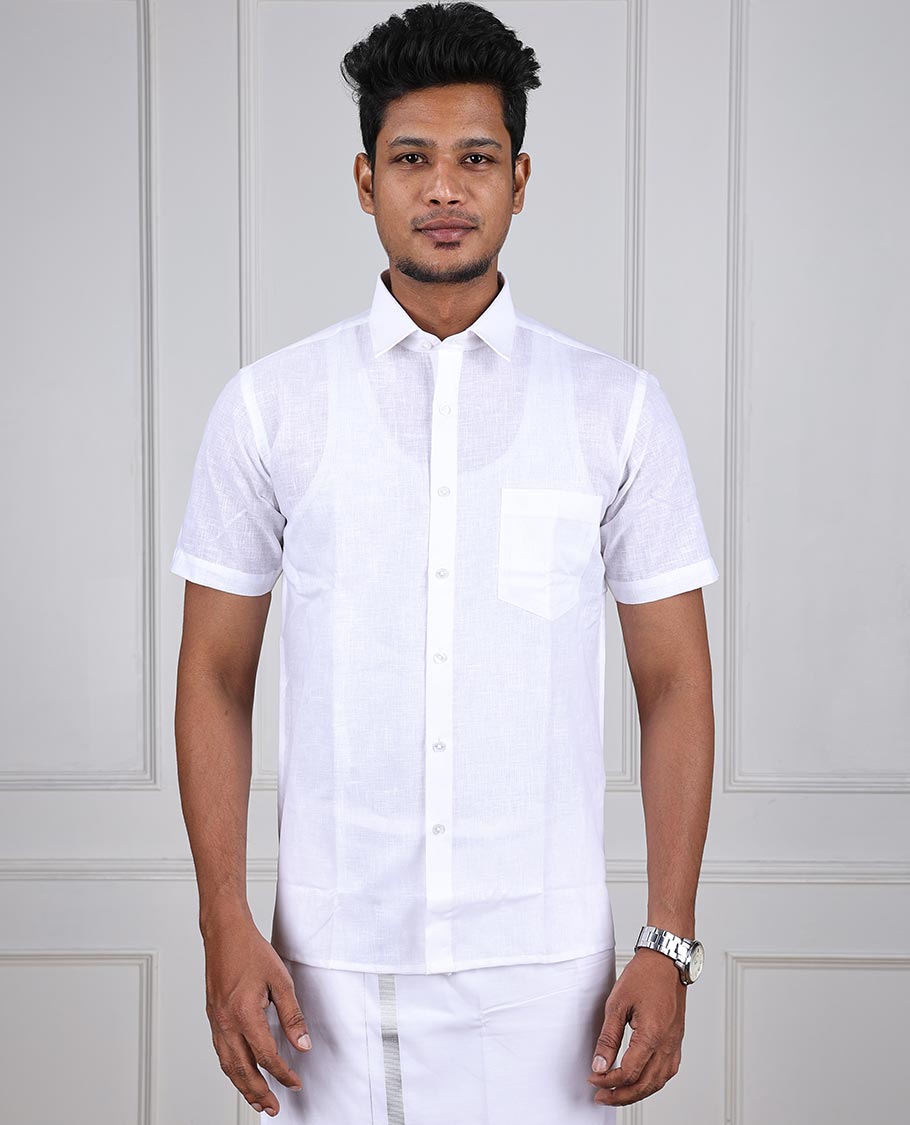 Minister White rich cotton plain design short-sleeve & patch pocket regular fit cotton white shirt